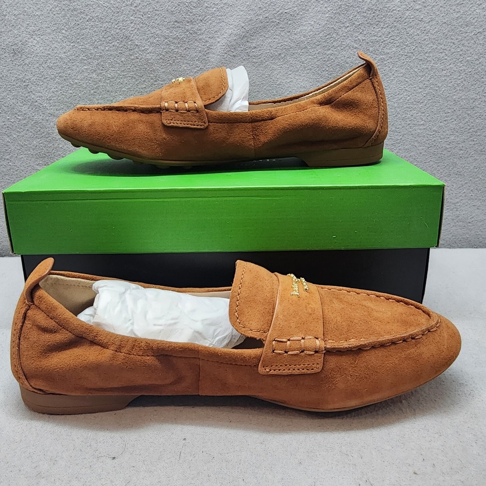 Kate Spade Eliza Loafer Sandalwood Suede Gold Logo Flats Womens 7.5 B KH368